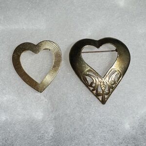 Lot Of 2 Vintage Gold Tone Open Heart Brooch Lapel Pin 1.75" Valentine Love